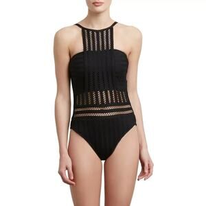 Kenneth Cole Swimsuit Womens Small Black One Piece Crochet Cage‎ Bandeau Minimal